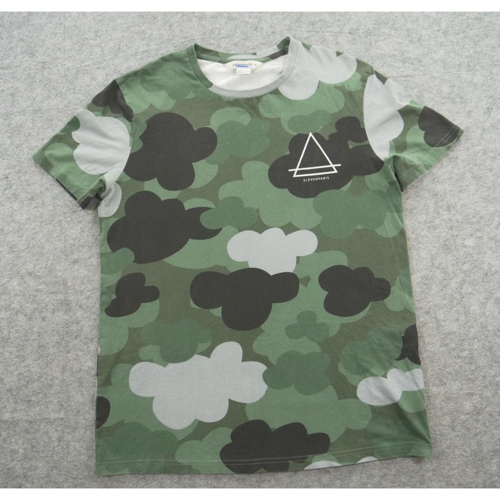 Eleven Paris Shirt Mens Medium Green Camo Graphi Print Logo Crew Tee Streetwear